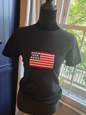Black Women's Tee with American Flag Patch
